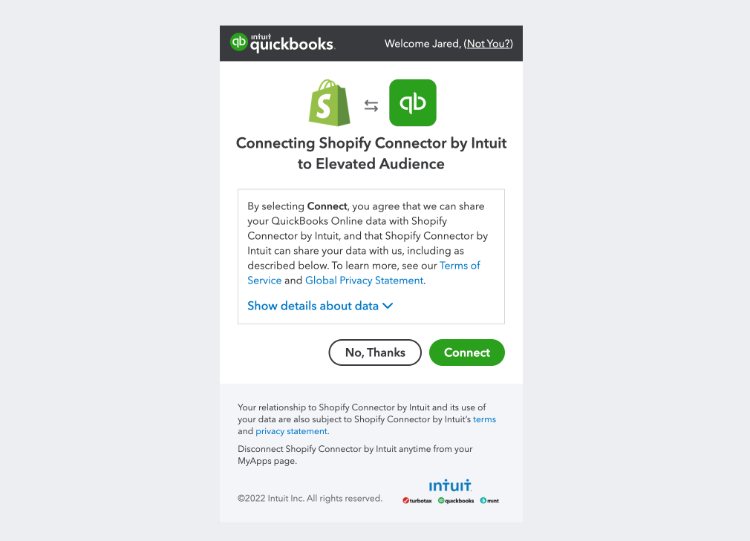 Confirm the connection between Shopify and Quickbooks Online.