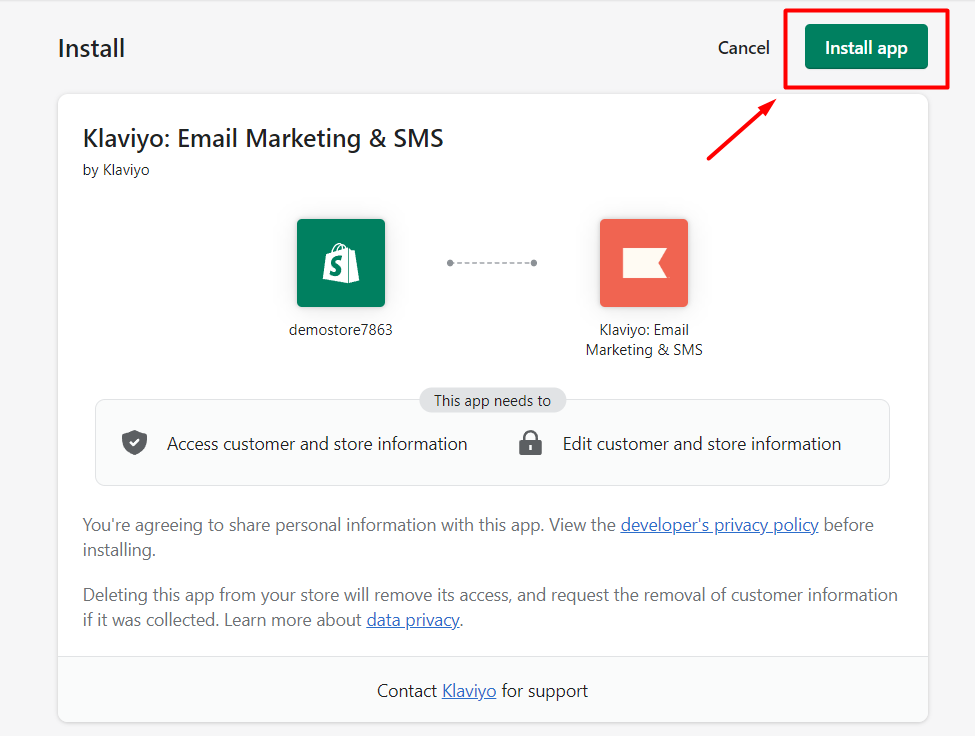 Install the Klaviyo app in Shopify.