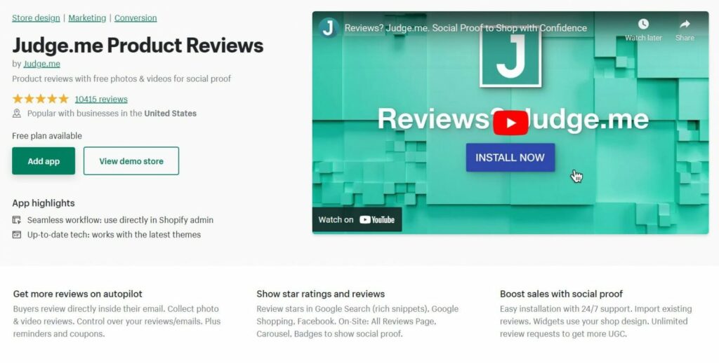 Judge.me Shopify product review app.