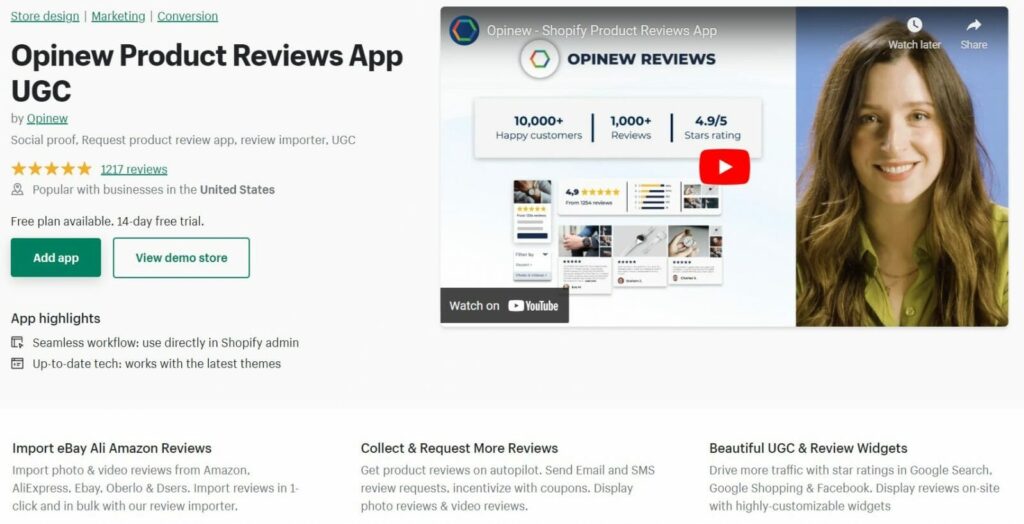 Opinew Shopify product review app.