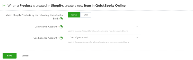 Set up product sync to sync new products from Shopify to Quickbooks Online.