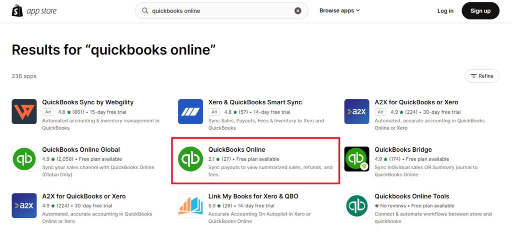 Search for Quickbooks Online in the Shopify app store.
