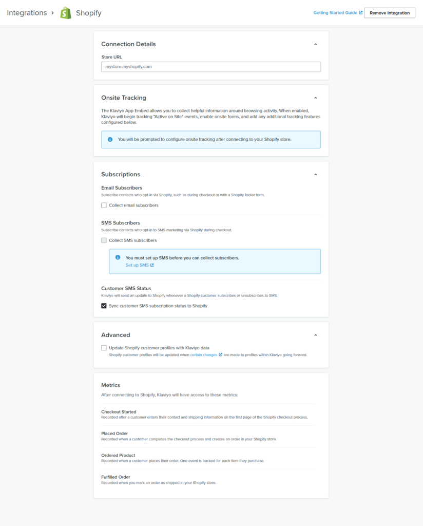 Configure the settings for the Shopify and Klaviyo integration.