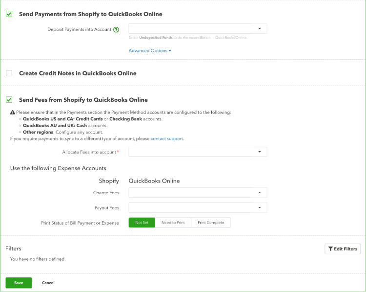 Send payments from Shopify to Quickbooks Online.