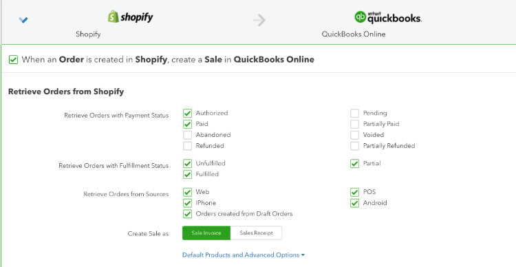 Setup order sync to sync Shopify orders with Quickbooks Online.