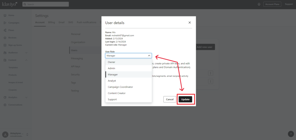 Update Roles for Existing User Step 3 - Choose new role and click Update.