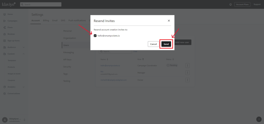 Resend Expired Klaviyo Account Invitation Step 4 - Check the boxes next to the invites to resend and click Send.